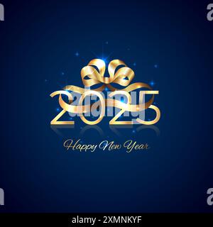 Bonne année 2025, 25. Brillant doré 2025 avec noeud en ruban sur fond bleu. Carte de vœux des fêtes. Invitation de conception de nouvel an, calendrier, salutation Illustration de Vecteur