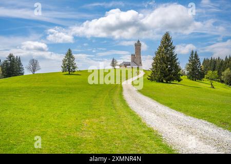 Un sentier de gravier sinueux mène à la tour d'observation de Dalimil en Tchéquie, entourée de champs verdoyants et d'arbres imposants. Le ciel est d'un bleu vif avec des nuages blancs moelleux. Banque D'Images