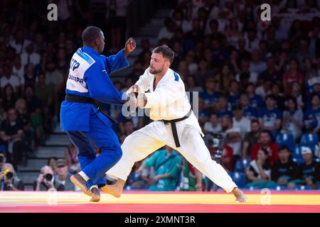 WANDTKE Igor (Deutschland, Weiß) vs DE OLIVEIRA Roldeney (Sao Tomé und principe, blau), FRA, Olympische Spiele Paris 2024, Judo, Herren bis 73 kg, tour préliminaire, 29.07.2024 Foto : Eibner-Pressefoto/Michael Memmler Banque D'Images