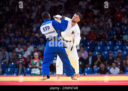 WANDTKE Igor (Deutschland, Weiß) vs DE OLIVEIRA Roldeney (Sao Tomé und principe, blau), FRA, Olympische Spiele Paris 2024, Judo, Herren bis 73 kg, tour préliminaire, 29.07.2024 Foto : Eibner-Pressefoto/Michael Memmler Banque D'Images