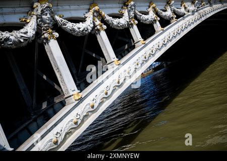 Paris, France. 29 juillet 2024. La Seine à Paris, où les préoccupations concernant la qualité de l’eau ont forcé l’annulation de la séance d’entraînement de natation en triathlon pour les Jeux Olympiques de Paris 2024, photographiés lundi 29 juillet 2024 à Paris, France. L’incertitude entoure les courses de triathlon de demain et mercredi, car la pollution de l’eau pourrait rendre la natation dangereuse pour les athlètes. Les Jeux de la XXXIIIe Olympiade se déroulent à Paris du 26 juillet au 11 août. La délégation belge compte 165 athlètes en compétition dans 21 sports. BELGA PHOTO JASPER JACOBS crédit : Belga News Agency/Alamy Live News Banque D'Images