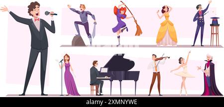 Personnages créatifs, musiciens chanteurs et acteurs. Musiciens bandes sur scène danseurs ballet montrer sur scène modèle vectoriel exact dans le style de dessin animé Illustration de Vecteur