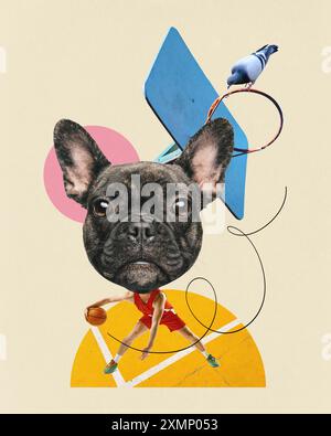 Collage d'art contemporain. Joueur de basket-ball à tête de bouledogue dribble sur le terrain sur fond beige avec pigeon assis sur le cerceau. Banque D'Images