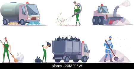 Nettoyage du transport. Véhicules urbains pour le nettoyage des voitures de service pour enlever les ordures des illustrations vectorielles exactes de la rue Illustration de Vecteur