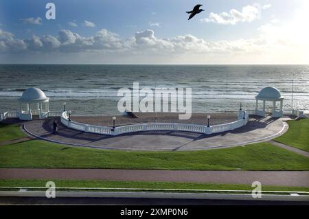 Photo de Roger Bamber : 11 novembre 2008 : vue depuis le Pavillon Art Déco de la Warr à Bexhill on Sea, East Sussex, à l'écart d'une mouette passant les deux colonies sur le front de mer. Banque D'Images