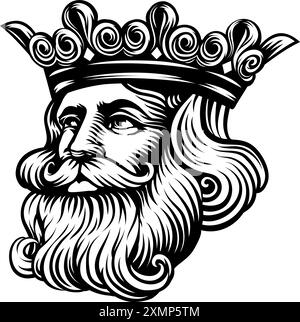 King Medieval Crown Head face Vintage gravure sur bois Illustration de Vecteur