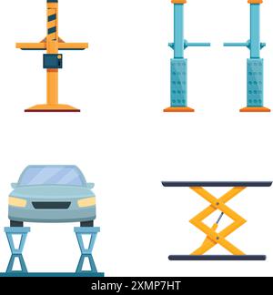 Les icônes d'inspection automobile définissent le vecteur de dessin animé. Tour de support d'ascenseur de voiture avec auto. Service de voiture, remplacement de roue Illustration de Vecteur