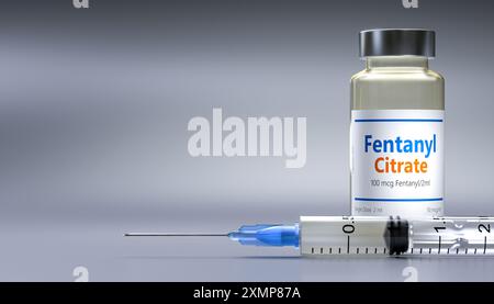 Flacon de seringue citrate de fentanyl, soulignant les dangers opioïdes puissants. rendu 3d. Banque D'Images