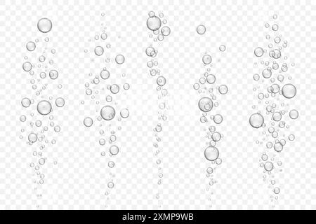 Ensemble vectoriel de flux de bulles d'air sous-marin isolé sur fond clair. Bulles pétillantes dans l'aquarium, champagne ou boisson effervescente. 3d transparent re Illustration de Vecteur