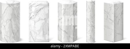 Cylindres en marbre réalistes. Piliers en pierre poteau en béton podium de marbrage de colonne de musée, galerie d'affichage de produit de bloc de stand de cube carré blanc, illustration vectorielle exacte 3d graphiques d'auteurs Illustration de Vecteur