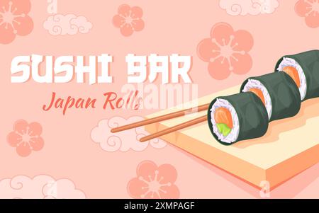 Bannière de rouleaux de sushi. Cuisine japonaise menu fruits de mer affiche d'invitation à l'événement publicitaire, sushi sashimi sushi-bar café flyer poisson tradition asiatique, illustration vectorielle soignée auteurs graphiques Illustration de Vecteur