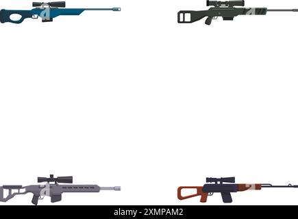 Les icônes de fusil de chasse définissent le vecteur de dessin animé. Arme à feu de sniper et carabine de chasseur. Arme militaire et de chasse Illustration de Vecteur