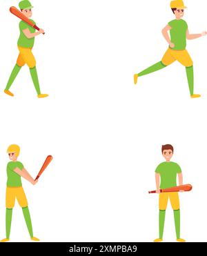 Les icônes de sport de baseball définissent le vecteur de dessin animé. Action variée du joueur de baseball. Jeu de sport d'équipe Illustration de Vecteur