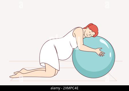 Femme enceinte faisant des pilates sur des tapis de fitness et s'appuyant sur une balle gonflable. Préparation à l'accouchement pour les filles enceintes qui se soucient de la santé et prennent des mesures préventives pour lutter contre les difficultés Illustration de Vecteur