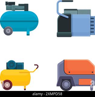 Les icônes de compresseur électrique définissent le vecteur de dessin animé. Différents types de compresseur d'air. EQUIPEMENT industriel Illustration de Vecteur