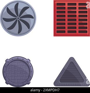 Les icônes de trou d'homme de fer définissent le vecteur de dessin animé. Trappe de route de forme et de couleur différentes. Construction urbaine Illustration de Vecteur