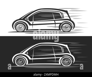 Logo vectoriel pour Futuristic Mini car, bannières automobiles avec illustration clip art de la voiture concept micro moderne en mouvement, dessin au trait en cours d'exécution monochrome Illustration de Vecteur