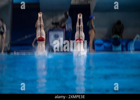 Paris, France. 29 juillet 2024. Illustration de plongée lors de la finale masculine de plongée en plate-forme synchronisée de 10 m aux Jeux Olympiques de Paris 2024 au Centre aquatique de Saint-Denis, au nord de Paris, le 29 juillet 2024. Photo par Eliot Blondet/ABACAPRESS. COM Credit : Abaca Press/Alamy Live News Banque D'Images