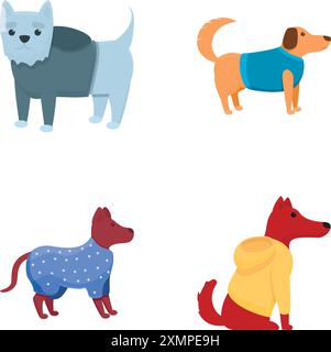 Les icônes de chien habillé définissent le vecteur de dessin animé. Race différente de chien dans des vêtements lumineux. Animal de compagnie mignon, mode Illustration de Vecteur