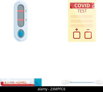 Les icônes de test sanguin définissent le vecteur de dessin animé. Résultat positif du test de dépistage du coronavirus. Pandémie mondiale de virus Illustration de Vecteur