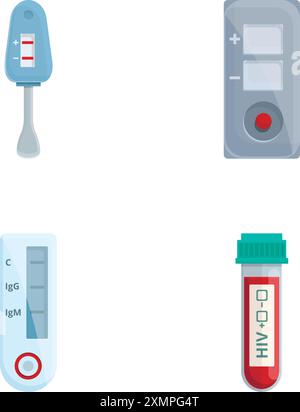 Vecteur de dessin animé de jeu d'icônes de test du VIH. EQUIPEMENT pour analyses sanguines. Concept de santé Illustration de Vecteur