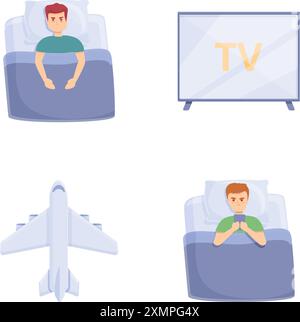 Les icônes de privation de sommeil définissent le vecteur de dessin animé. L'homme est allongé dans son lit et ne peut pas dormir. Concept d'insomnie Illustration de Vecteur