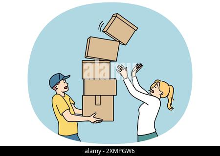 Le courrier d'homme porte la pile de boîtes et laisse tomber un des colis debout près de la femme destinataire de l'ordre. Le courrier maladroit risque de gâcher les marchandises lors de la livraison en raison d'un manque de professionnalisme Illustration de Vecteur