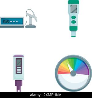 Les icônes de mesure du pH définissent le vecteur de dessin animé. ph-mètre chimique numérique. Dispositif capteur Illustration de Vecteur