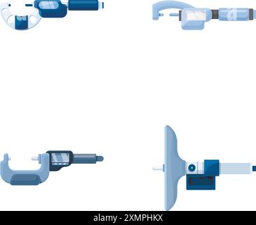 Icônes de compas numérique définissent le vecteur de dessin animé. Micromètre électronique de laboratoire. Outil de précision numérique Illustration de Vecteur