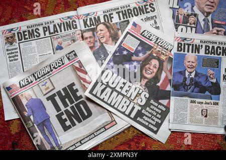 Faits saillants sensationnels et couverture du retrait de Biden dans le journal New York Post, États-Unis, juillet 2024 Banque D'Images