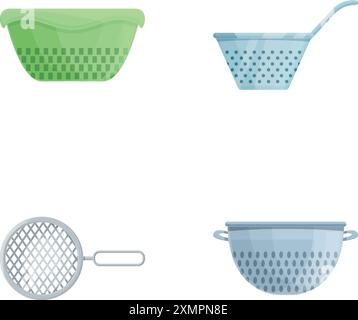 Diverses icônes de passoire définissent le vecteur de dessin animé. Passoire de différentes formes et couleurs. Ustensiles de cuisine Illustration de Vecteur