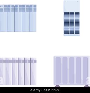 Les icônes de chauffage de l'espace définissent le vecteur de dessin animé. EQUIPEMENT pour fournir de la chaleur à domicile. Dispositif de chauffage Illustration de Vecteur