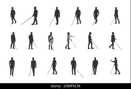 Silhouette de marche d'homme aveugle, silhouette d'homme aveugle, silhouette de marche d'homme aveugle Illustration de Vecteur