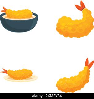 Collection de tempura de crevettes de bande dessinée dans différentes présentations, isolé sur blanc Illustration de Vecteur