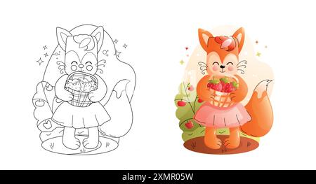 Cute Fox Character Coloring page Noir et Blanc et versions colorées. Ensemble d'animaux pour enfants. Illustration de Vecteur