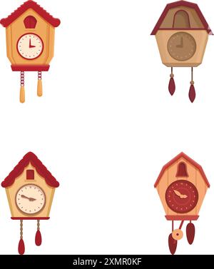 Collection de quatre horloges à coucou traditionnelles aux motifs complexes, isolées sur un fond blanc Illustration de Vecteur