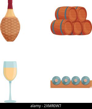 Ensemble d'illustration vectorielle mettant en vedette des éléments liés au vin, y compris une bouteille, des tonneaux, du verre et un support Illustration de Vecteur