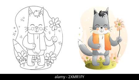 Ludique Cartoon Wolf Character Coloring page noir et blanc et versions colorées. Ensemble d'animaux pour enfants. Illustration de Vecteur