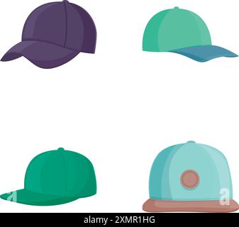 Ensemble de quatre casquettes de baseball de différentes couleurs adaptées à de multiples utilisations de conception Illustration de Vecteur