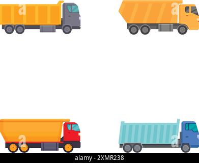 Collection de quatre camions à benne basculante colorés de dessin animé, vue de côté sur un fond blanc Illustration de Vecteur