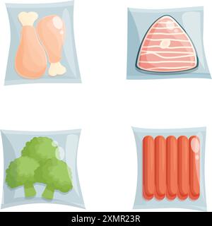 Ensemble de quatre icônes de style dessin animé représentant des emballages en plastique scellés de poulet, de bœuf, de brocoli et de saucisses Illustration de Vecteur