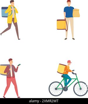 Collection de quatre vecteurs représentant différents modes de personnel de livraison, y compris la marche et le vélo Illustration de Vecteur