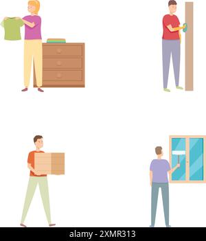 Quatre illustrations vectorielles montrant des hommes engagés dans des tâches ménagères quotidiennes Illustration de Vecteur