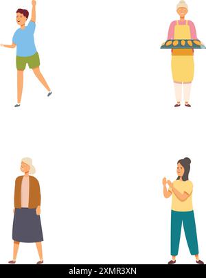 Collection de quatre illustrations représentant des individus engagés dans diverses actions avec des expressions joyeuses Illustration de Vecteur