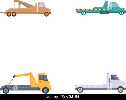 Collection de quatre camions de remorquage à plateau, illustrés dans un style de design plat avec une variété de couleurs Illustration de Vecteur