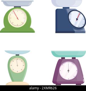 Collection de quatre balances de cuisine différentes, capturant à la fois des designs vintage et contemporains Illustration de Vecteur