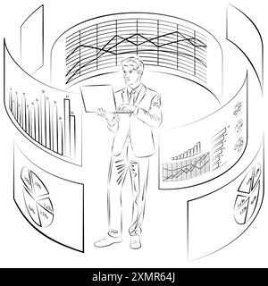 Homme recherchant des informations à partir de rapports et d'enquêtes. Concept commercial. Esquisse. Illustration vectorielle. Illustration de Vecteur