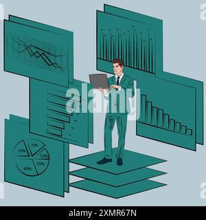 Homme recherchant des informations à partir de rapports et d'enquêtes. Concept commercial. Illustration vectorielle de contour. Illustration de Vecteur