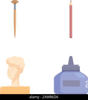 Icônes vectorielles d'un pinceau, d'un crayon, d'un buste classique et d'une bouteille d'encre Illustration de Vecteur
