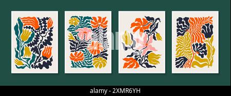 Affiches vectorielles florales modernes de style Matisse. Abstrait Groovy Flower formes pour AR Illustration de Vecteur